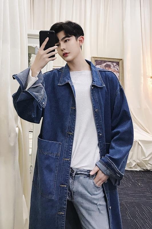 Korean Fashion Denim Trench Coat Trench Long Jean Jacket