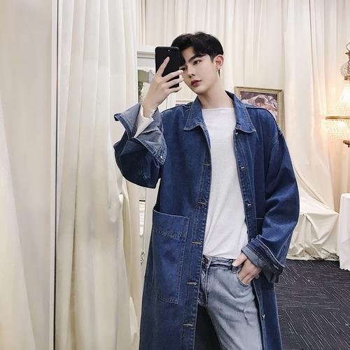 Korean Style Black Jean Jacket Long Denim Jacket Denim Trench Coat Mens