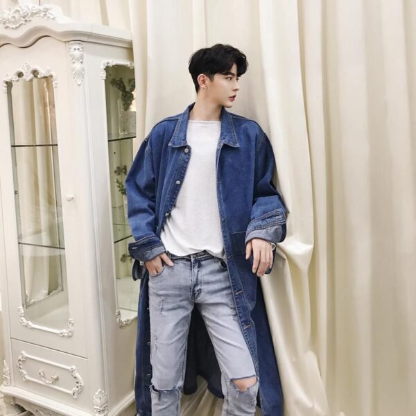 Korean Style Black Jean Jacket Long Denim Jacket Denim Trench Coat Mens