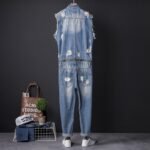 Hip-hop Denim Jacket Men's Summer Trim Light Wash Hole Denim Waistcoat Man