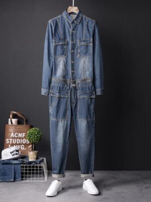 Fashion Korean Men's Denim Jumpsuit Long Sleeve Jumpsuit Blue Jean Jumpsuit