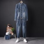 Fashion Korean Men's Denim Jumpsuit Long Sleeve Jumpsuit Blue Jean Jumpsuit