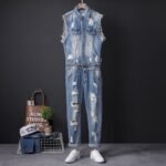 Hip-hop Denim Jacket Men's Summer Trim Light Wash Hole Denim Waistcoat Man