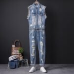 Hip-hop Denim Jacket Men's Summer Trim Light Wash Hole Denim Waistcoat Man
