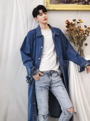 Korean Fashion Denim Trench Coat Trench Long Jean Jacket