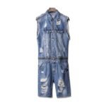 Hip-hop Denim Jacket Men's Summer Trim Light Wash Hole Denim Waistcoat Man