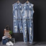Hip-hop Denim Jacket Men's Summer Trim Light Wash Hole Denim Waistcoat Man