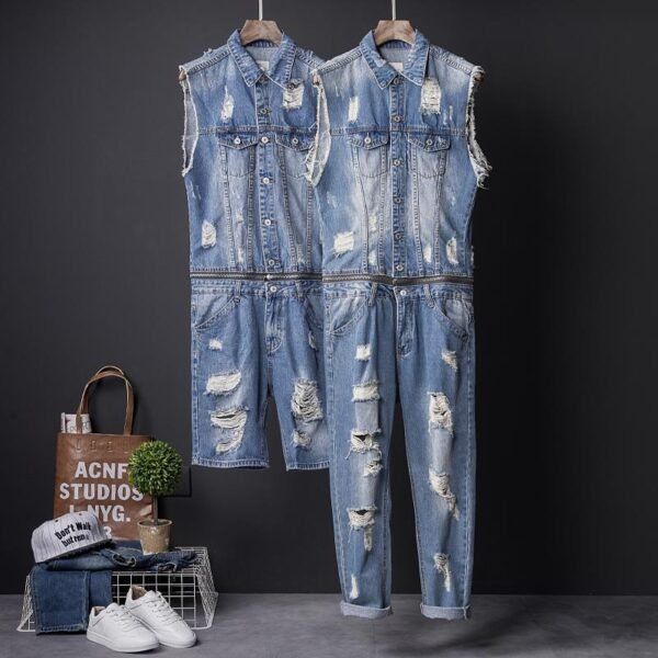 Hip-hop Denim Jacket Men's Summer Trim Light Wash Hole Denim Waistcoat Man