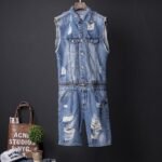 Hip-hop Denim Jacket Men's Summer Trim Light Wash Hole Denim Waistcoat Man