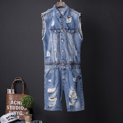 Hip-hop Denim Jacket Men's Summer Trim Light Wash Hole Denim Waistcoat Man