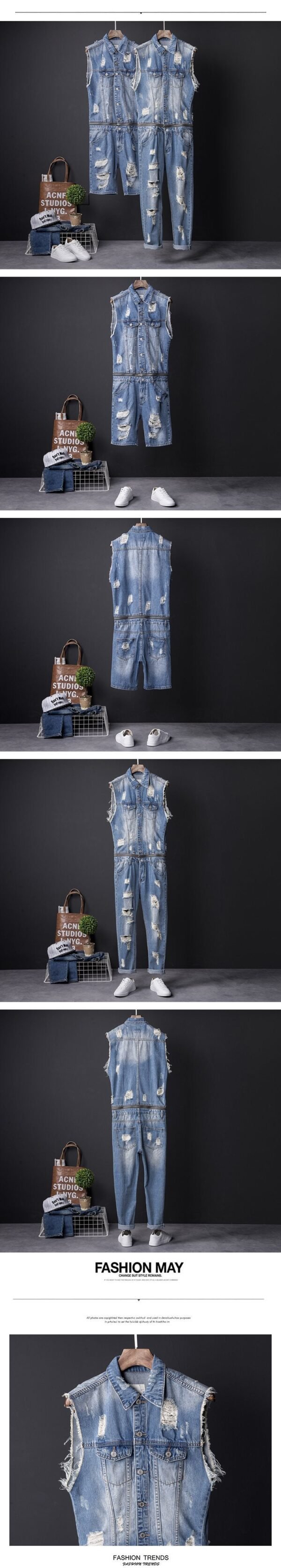 Hip-hop Denim Jacket Men's Summer Trim Light Wash Hole Denim Waistcoat Man
