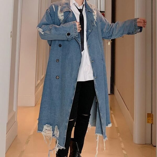 korean Fashion Mens Black Jeans Jacket Long Denim Jacket Denim Trench Coat