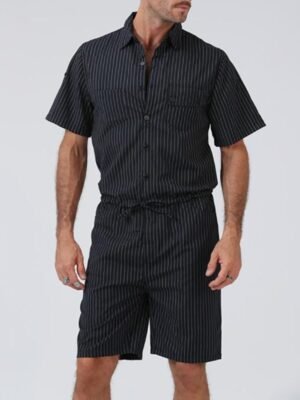 Casual Fashion Sport Lapel Stripe Short Sleeves Jumpsuit