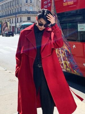 Retro Red Loose Knee Jacket Red Trench Coat Long Windbreaker